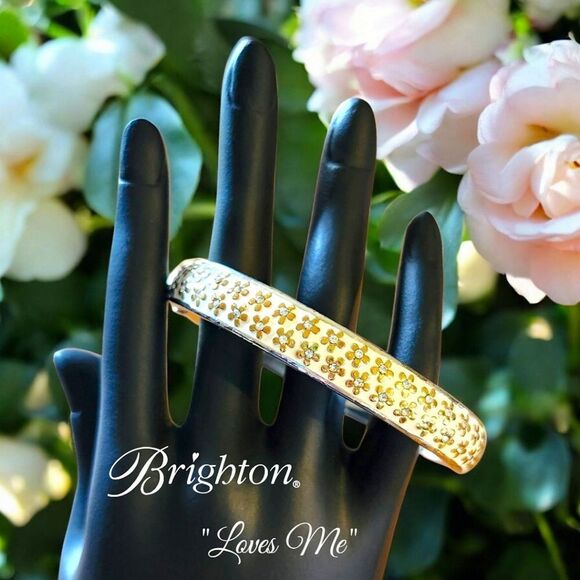 BRIGHTON "Loves Me" Gold and Enamel Floral Hinged Bracelet WEDDING GUEST! - Picture 1 of 11